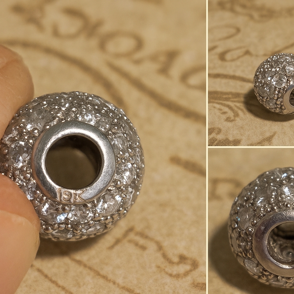 ✨ Vintage 18KT White Gold Pavé Diamond Bead Charm – Germany ✨